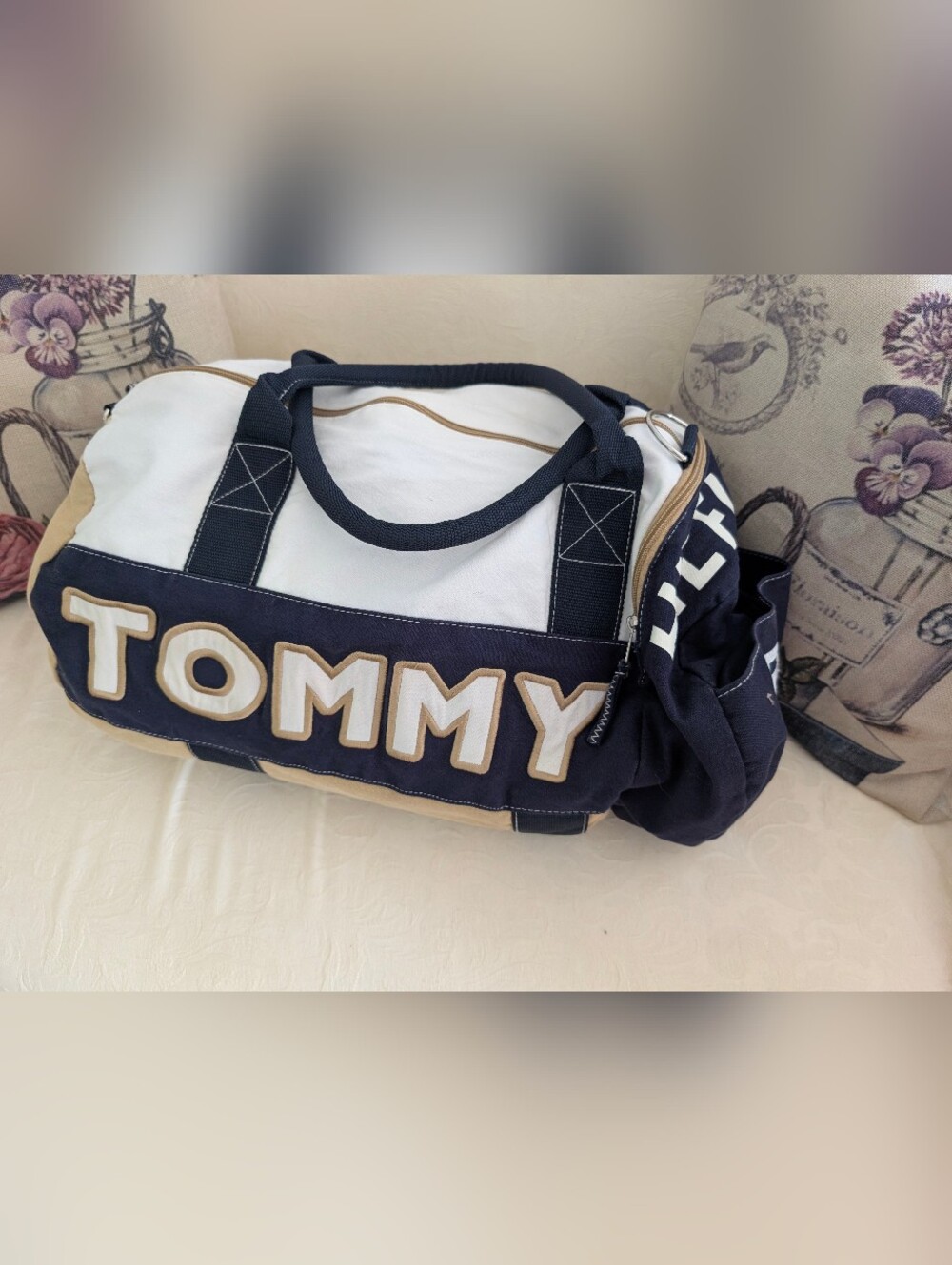 Vintage 90s Tommy Hilfiger Canvas Duffel Bag - Navy White Tan